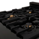 ZLINE Autograph Edition 48 in. Porcelain Rangetop with 7 Gas Burners in Black Stainless Steel with Gold Accents (RTBZ-48) features Brass Burners and Cast-Iron Grates