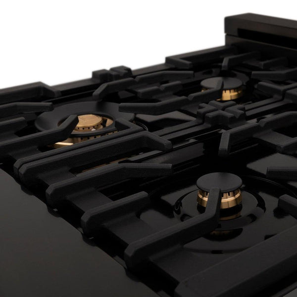 ZLINE Autograph Edition 48 in. Porcelain Rangetop with 7 Gas Burners in Black Stainless Steel with Gold Accents (RTBZ-48) features Brass Burners and Cast-Iron Grates