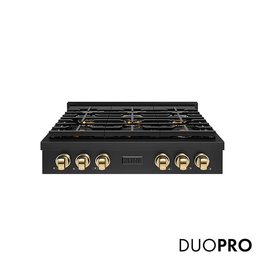 ZLINE Autograph Edition 36 in. Paramount Gas Rangetop with 6 Burner DuoPro™ Cooktop in Black Stainless Steel and Polished Gold Accents (PSRTBZ-36-G)
