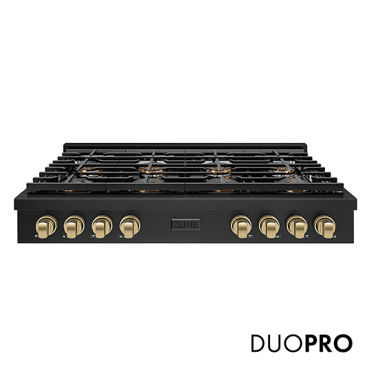 ZLINE Autograph Edition 48 in. Paramount Gas Rangetop with 8 Burner DuoPro™ Cooktop in Black Stainless Steel and Polished Gold Accents (PSRTBZ-48-G)