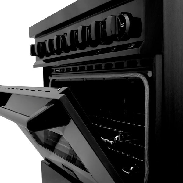 ZLINE Professional 36" Black Stainless Steel Dual Fuel Range with Brass Burners (RAB-BR-36) side, close up oven door half open.
