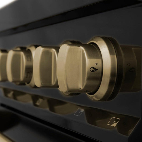 ZLINE Autograph Edition 30 in. 4.0 cu. ft. Dual Fuel Range with Gas Stove and Electric Oven in Black Stainless Steel with Champagne Bronze Accents (RABZ-30-CB) close-up, Champagne Bronze flam adjust knob.