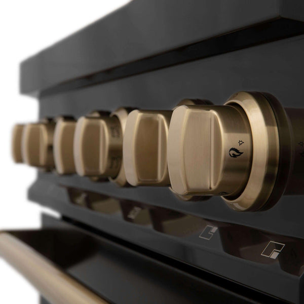 ZLINE Autograph Edition 30 in. Kitchen Package with Black Stainless Steel Dual Fuel Range, Range Hood, Dishwasher, and Refrigerator with External Water Dispenser with Champagne Bronze Accents (4AKPR-RABRHDWV30-CB) knobs close-up.