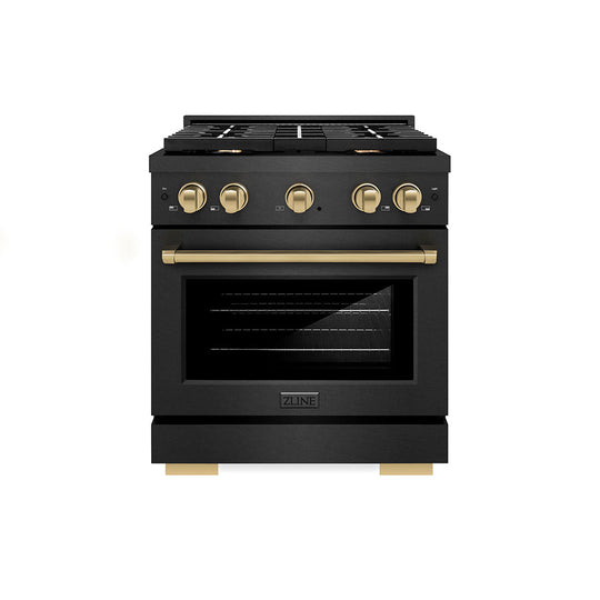 ZLINE Autograph Edition 30 in. 4.2 cu. ft. Paramount Dual Fuel Range with 4 Burner Gas Cooktop and Electric Convection Oven in Black Satin Stainless Steel with Champagne Bronze Accents (SDRBSZ-30-CB)