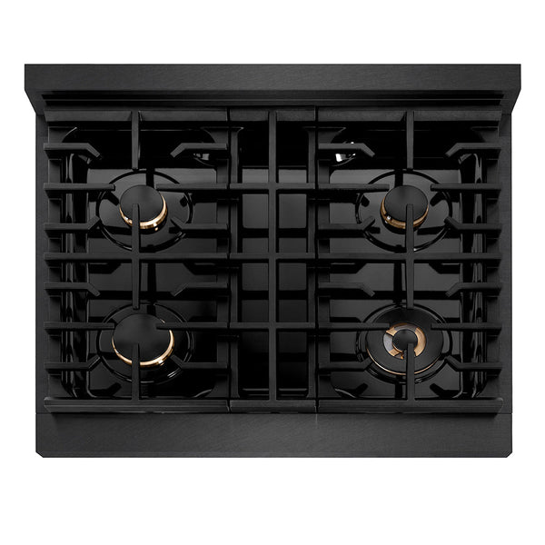 ZLINE Designer Collection 30 in. 4.2 cu. ft. Paramount Dual Fuel Range with 4 Burner Gas Cooktop and Electric Convection Oven in Black Satin Stainless Steel with Matte Black and Champagne Bronze Accents (SDRBSZ-30-MBCB)