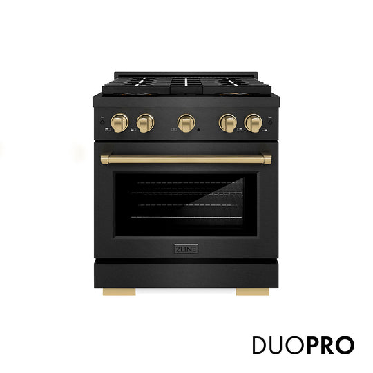 ZLINE Autograph Edition 30 in. 4.2 cu. ft. Paramount Dual Fuel Range with 4 Burner DuoPro™ Cooktop and Electric Convection Oven in Black Satin Stainless Steel and Champagne Bronze Accents (PSDRBSZ-30-CB)