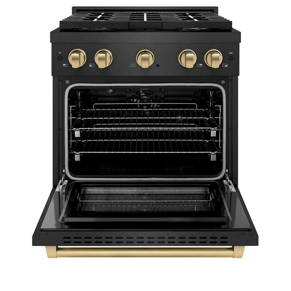 ZLINE Autograph Edition 30 in. 4.2 cu. ft. Paramount Dual Fuel Range with 4 Burner DuoPro™ Cooktop and Electric Convection Oven in Black Satin Stainless Steel and Champagne Bronze Accents (PSDRBSZ-30-CB)