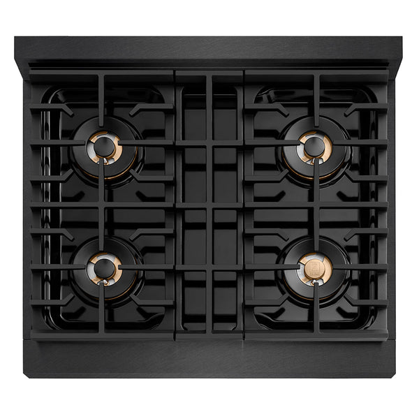 ZLINE Autograph Edition 30 in. 4.2 cu. ft. Paramount Dual Fuel Range with 4 Burner DuoPro™ Cooktop and Electric Convection Oven in Black Satin Stainless Steel and Champagne Bronze Accents (PSDRBSZ-30-CB)