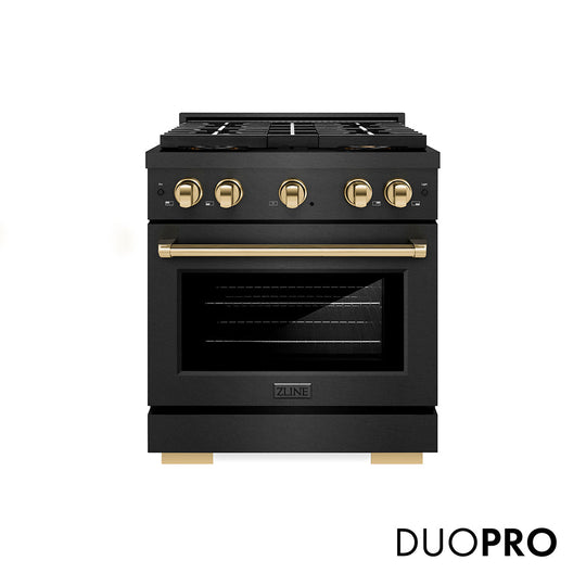 ZLINE Autograph Edition 30 in. 4.2 cu. ft. Paramount Dual Fuel Range with 4 Burner DuoPro™ Cooktop and Electric Convection Oven in Black Satin Stainless Steel and Polished Gold Accents (PSDRBSZ-30-G)