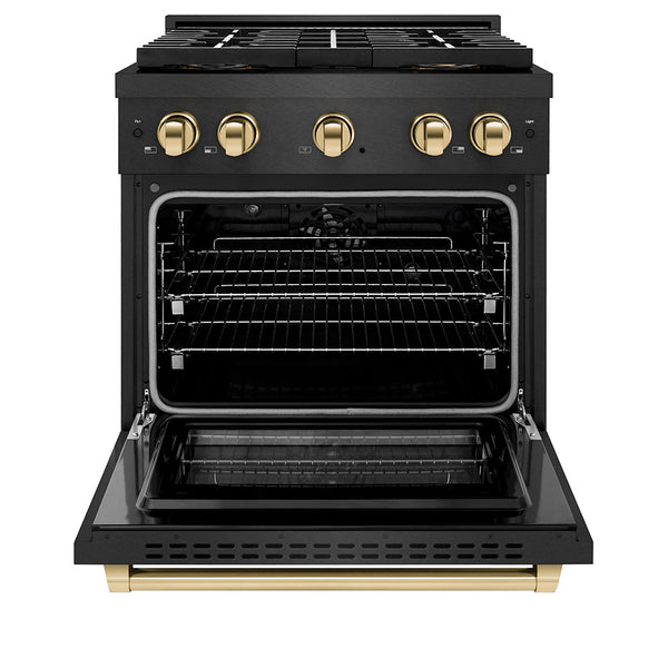ZLINE Autograph Edition 30 in. 4.2 cu. ft. Paramount Dual Fuel Range with 4 Burner DuoPro™ Cooktop and Electric Convection Oven in Black Satin Stainless Steel and Polished Gold Accents (PSDRBSZ-30-G)