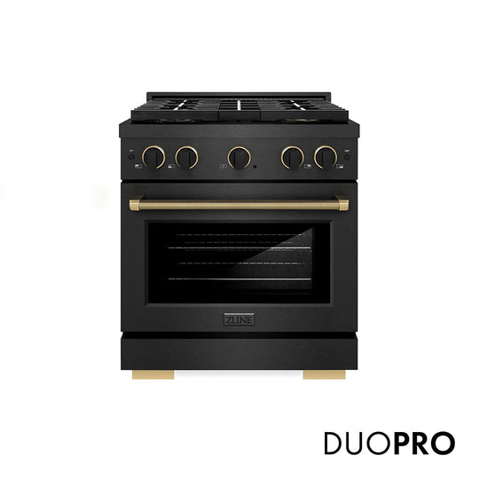 ZLINE Designer Collection 30 in. 4.2 cu. ft. Paramount Dual Fuel Range with 4 Burner DuoPro™ Cooktop and Electric Convection Oven in Black Satin Stainless Steel with Matte Black and Champagne Bronze Accents (PSDRBSZ-30-MBCB)