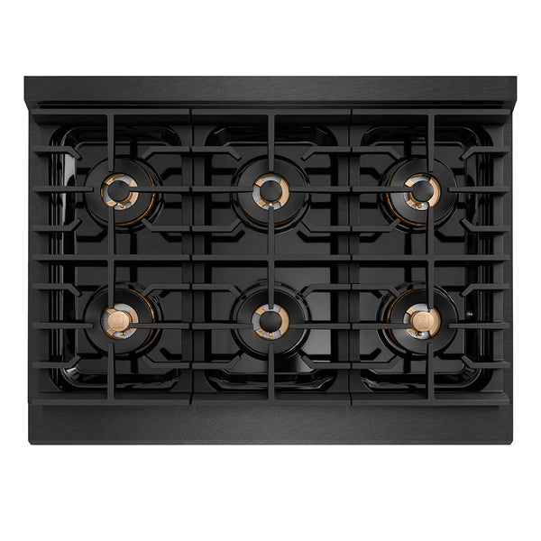 ZLINE Autograph Edition 36 in. 5.2 cu. ft. Paramount Dual Fuel Range with 6 Burner DuoPro™ Cooktop and Electric Convection Oven in Black Satin Stainless Steel and Champagne Bronze Accents (PSDRBSZ-36-CB)