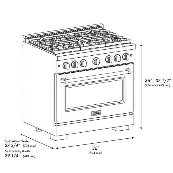 ZLINE Autograph Edition 36 in. 5.2 cu. ft. Paramount Dual Fuel Range with 6 Burner DuoPro™ Cooktop and Electric Convection Oven in Black Satin Stainless Steel and Polished Gold Accents (PSDRBSZ-36-G)