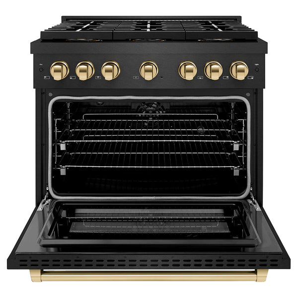 ZLINE Autograph Edition 36 in. 5.2 cu. ft. Paramount Dual Fuel Range with 6 Burner DuoPro™ Cooktop and Electric Convection Oven in Black Satin Stainless Steel and Polished Gold Accents (PSDRBSZ-36-G)