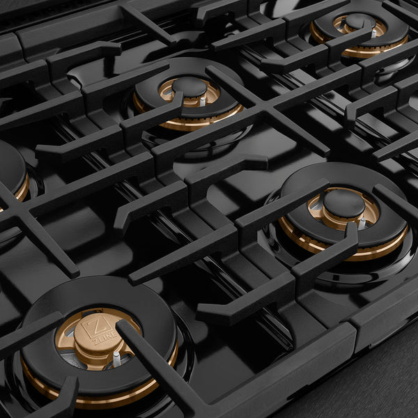 ZLINE Designer Collection 36 in. 5.2 cu. ft. Paramount Dual Fuel Range with 6 Burner DuoPro™ Cooktop and Electric Convection Oven in Black Satin Stainless Steel with Matte Black and Champagne Bronze Accents (PSDRBSZ-36-MBCB)