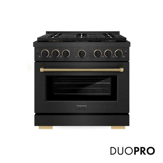 ZLINE Designer Collection 36 in. 5.2 cu. ft. Paramount Dual Fuel Range with 6 Burner DuoPro™ Cooktop and Electric Convection Oven in Black Satin Stainless Steel with Matte Black and Champagne Bronze Accents (PSDRBSZ-36-MBCB)
