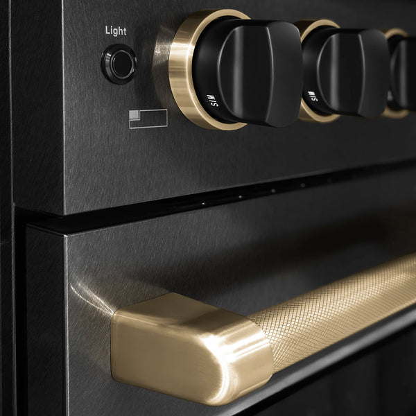 ZLINE Designer Collection 48 in. 6.7 cu. ft. Paramount Dual Fuel Range with 8 Burner DuoPro™ Cooktop and Dual Ovens in Black Satin Stainless Steel with Matte Black and Champagne Bronze Accents (PSDRBSZ-48-MBCB)
