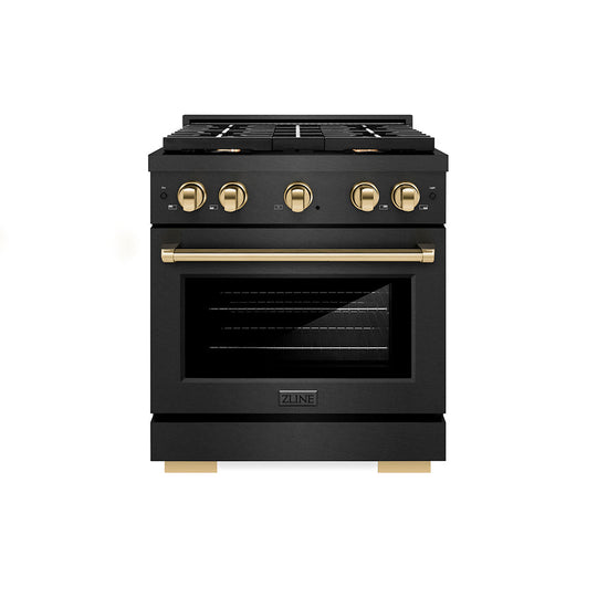 ZLINE Autograph Edition 30 in. 4.2 cu. ft. Paramount Gas Range with 4 Burner Cooktop and Convection Gas Oven in Black Satin Stainless Steel and Polished Gold Accents (SGRBSZ-30-G)