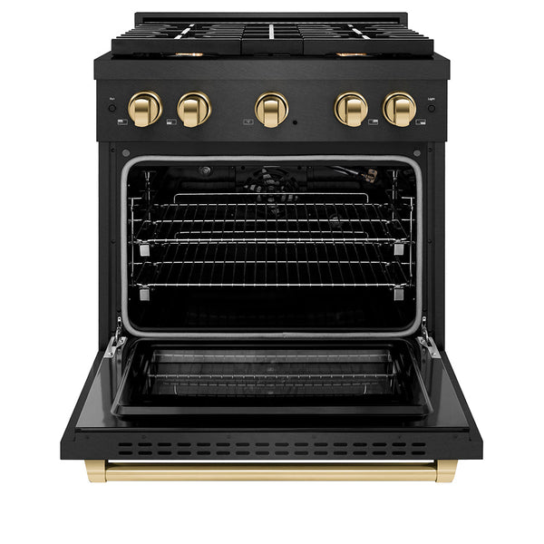ZLINE Autograph Edition 30 in. 4.2 cu. ft. Paramount Gas Range with 4 Burner Cooktop and Convection Gas Oven in Black Satin Stainless Steel and Polished Gold Accents (SGRBSZ-30-G)