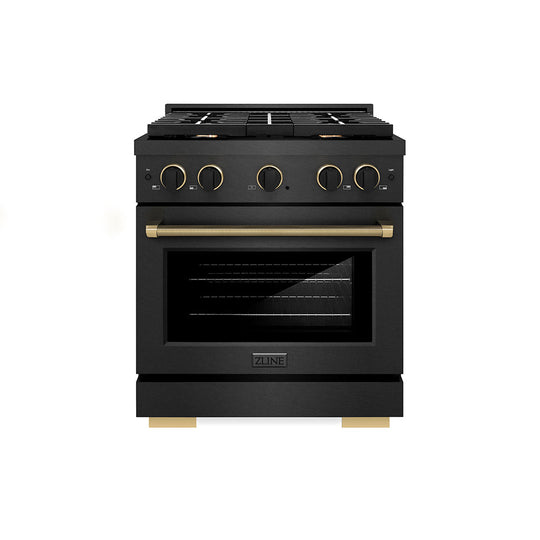 ZLINE Designer Collection 30 in. 4.2 cu. ft. Paramount Gas Range with 4 Burner Cooktop and Convection Gas Oven in Black Satin Stainless Steel with Matte Black and Champagne Bronze Accents (SGRBSZ-30-MBCB)