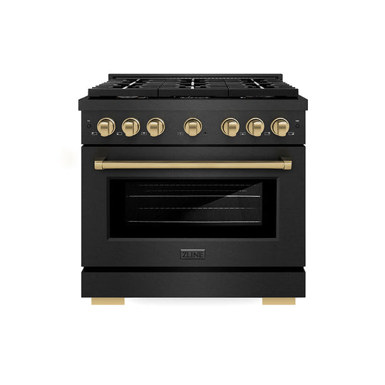 ZLINE Autograph Edition 36 in. 5.2 cu. ft. Paramount Gas Range with 6 Burner Cooktop and Convection Gas Oven in Black Satin Stainless Steel and Champagne Bronze Accents (SGRBSZ-36-CB)