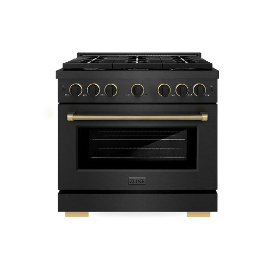 ZLINE Designer Collection 36 in. 5.2 cu. ft. Paramount Gas Range with 6 Burner Cooktop and Convection Gas Oven in Black Satin Stainless Steel with Matte Black and Champagne Bronze Accents (SGRBSZ-36-MBCB)