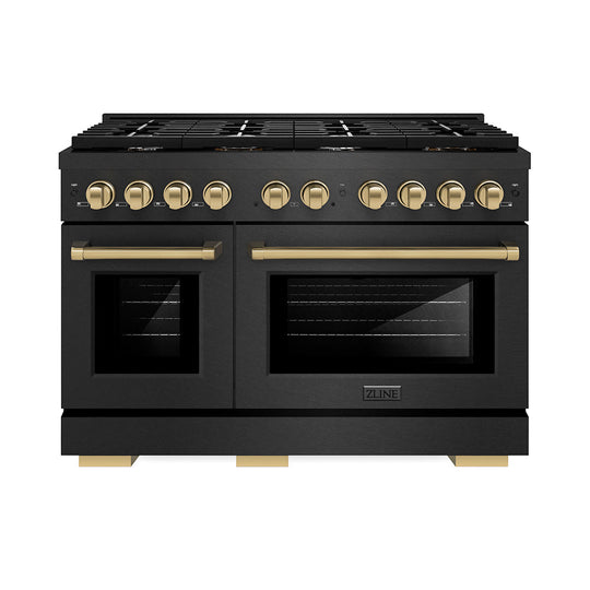 ZLINE Autograph Edition 48 in. 6.7 cu. ft. Paramount Double Oven Gas Range with 8 Burner Cooktop in Black Satin Stainless Steel and Champagne Bronze Accents (SGRBSZ-48-CB)
