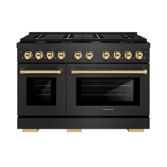 ZLINE Autograph Edition 48 in. 6.7 cu. ft. Paramount Double Oven Gas Range with 8 Burner Cooktop in Black Satin Stainless Steel and Polished Gold Accents (SGRBSZ-48-G)