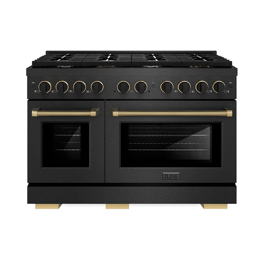ZLINE Designer Collection 48 in. 6.7 cu. ft. Paramount Double Oven Gas Range with 8 Burner Cooktop in Black Satin Stainless Steel with Matte Black and Champagne Bronze Accents (SGRBSZ-48-MBCB)
