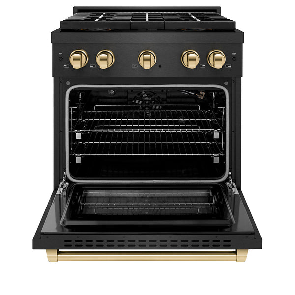 ZLINE Autograph Edition 30 in. 4.2 cu. ft. Paramount Gas Range with 4 Burner DuoPro™ Cooktop and Convection Gas Oven in Black Satin Stainless Steel and Polished Gold Accents (PSGRBSZ-30-G)
