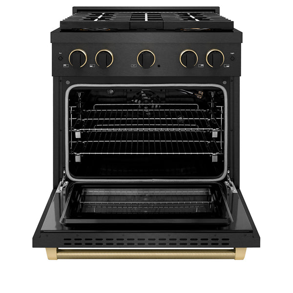ZLINE Designer Collection 30 in. 4.2 cu. ft. Paramount Gas Range with 4 Burner DuoPro™ Cooktop and Convection Gas Oven in Black Satin Stainless Steel with Matte Black and Champagne Bronze Accents (PSGRBSZ-30-MBCB)