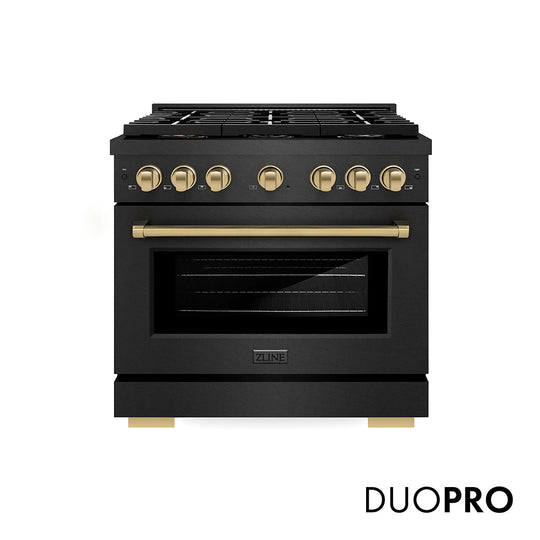 ZLINE Autograph Edition 36 in. 5.2 cu. ft. Paramount Gas Range with 6 Burner DuoPro™ Cooktop and Convection Gas Oven in Black Satin Stainless Steel and Champagne Bronze Accents (PSGRBSZ-36-CB)