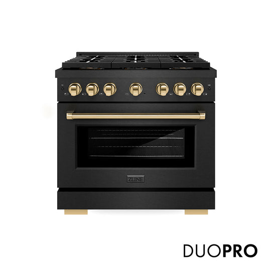 ZLINE Autograph Edition 36 in. 5.2 cu. ft. Paramount Gas Range with 6 Burner DuoPro™ Cooktop and Convection Gas Oven in Black Satin Stainless Steel and Polished Gold Accents (PSGRBSZ-36-G)