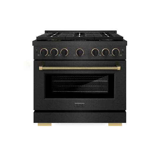 ZLINE Designer Collection 36 in. 5.2 cu. ft. Paramount Gas Range with 6 Burner DuoPro™ Cooktop and Convection Gas Oven in Black Satin Stainless Steel with Matte Black and Champagne Bronze Accents (PSGRBSZ-36-MBCB)