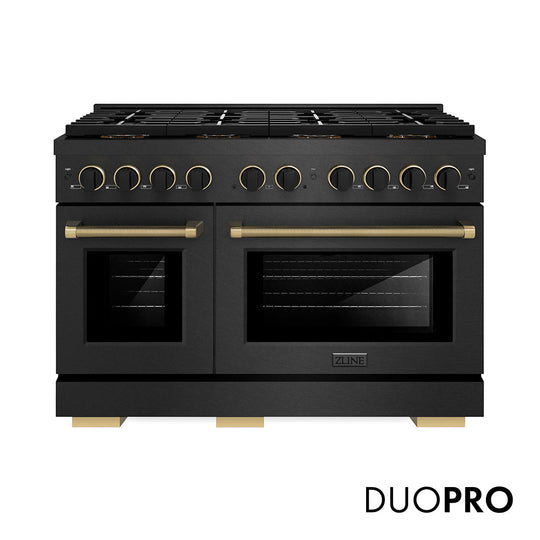 ZLINE Designer Collection 48 in. 6.7 cu. ft. Paramount Gas Range with 8 Burner DuoPro™ Cooktop and Dual Ovens in Black Satin Stainless Steel with Matte Black and Champagne Bronze Accents (PSGRBSZ-48-MBCB)