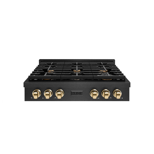 ZLINE Autograph Edition 36 in. Paramount Gas Rangetop with 6 Burners and Porcelain Cooktop in Black Satin Stainless Steel with Polished Gold Accents (SRTBSZ-36-G)