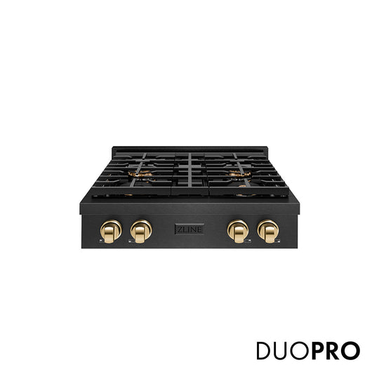 ZLINE Autograph Edition 30 in. Paramount Gas Rangetop with 4 Burner DuoPro™ Cooktop in Black Satin Stainless Steel and Polished Gold Accents (PSRTBSZ-30-G)