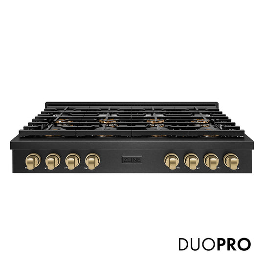 ZLINE Autograph Edition 48 in. Paramount Gas Rangetop with 8 Burner DuoPro™ Cooktop in Black Satin Stainless Steel and Champagne Bronze Accents (PSRTBSZ-48-CB)