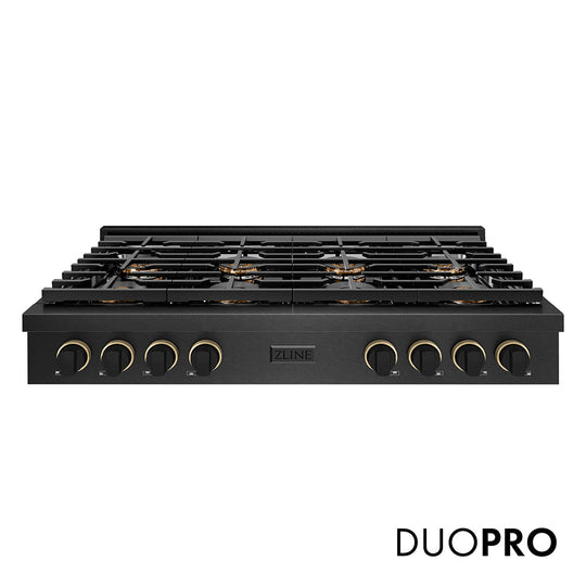 ZLINE Designer Collection 48 in. Paramount Gas Rangetop with 8 Burner DuoPro™ Cooktop in Black Satin Stainless Steel with Matte Black and Champagne Bronze Accents (PSRTBSZ-48-MBCB)