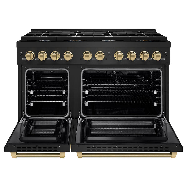 ZLINE Autograph Edition 48 in. 6.7 cu. ft. Paramount Double Oven Dual Fuel Range with 8 Burner Gas Cooktop in Black Stainless Steel and Champagne Bronze Helix Handles and Knob Accents (SDRBZ-48-KCB)