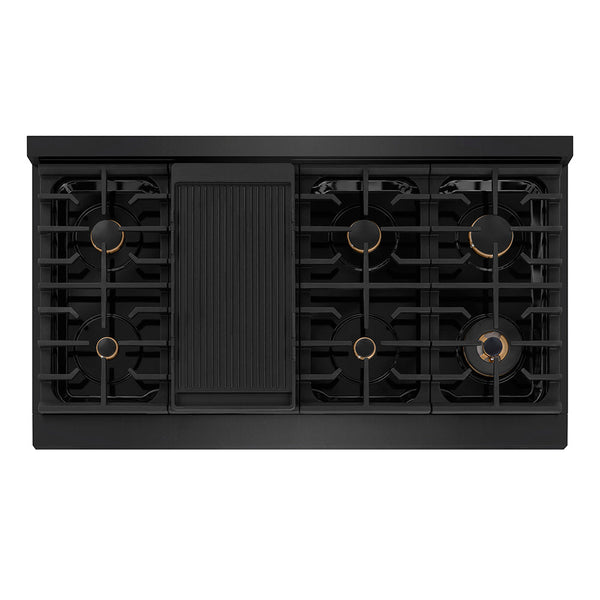 ZLINE Autograph Edition 48 in. 6.7 cu. ft. Paramount Double Oven Dual Fuel Range with 8 Burner Gas Cooktop in Black Stainless Steel and Polished Gold Helix Handles and Knob Accents (SDRBZ-48-KG)