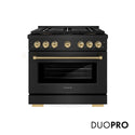 ZLINE Autograph Edition 36 in. 5.2 cu. ft. Paramount Dual Fuel Range with 6 Burner DuoPro™ Cooktop and Electric Convection Oven in Black Stainless Steel with Champagne Bronze Helix Handle and Accents (PSDRBZ-36-KCB)