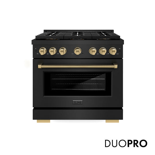 ZLINE Autograph Edition 36 in. 5.2 cu. ft. Paramount Dual Fuel Range with 6 Burner DuoPro™ Cooktop and Electric Convection Oven in Black Stainless Steel with Champagne Bronze Helix Handle and Accents (PSDRBZ-36-KCB)