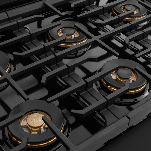 ZLINE Autograph Edition 36 in. 5.2 cu. ft. Paramount Dual Fuel Range with 6 Burner DuoPro™ Cooktop and Electric Convection Oven in Black Stainless Steel with Polished Gold Helix Handle and Accents (PSDRBZ-36-KG)