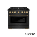ZLINE Autograph Edition 36 in. 5.2 cu. ft. Paramount Dual Fuel Range with 6 Burner DuoPro™ Cooktop and Electric Convection Oven in Black Stainless Steel with Polished Gold Helix Handle and Accents (PSDRBZ-36-KG)