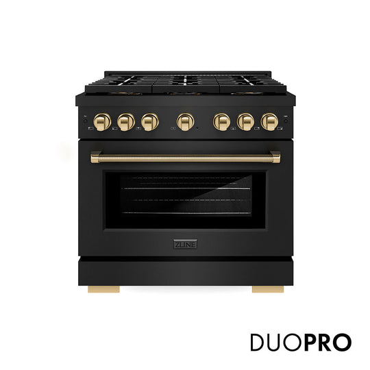 ZLINE Autograph Edition 36 in. 5.2 cu. ft. Paramount Dual Fuel Range with 6 Burner DuoPro™ Cooktop and Electric Convection Oven in Black Stainless Steel with Polished Gold Helix Handle and Accents (PSDRBZ-36-KG)