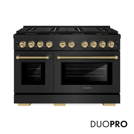 ZLINE Autograph Edition 48 in. 6.7 cu. ft. Paramount Dual Fuel Range with 8 Burner DuoPro™ Cooktop and Dual Ovens in Black Stainless Steel with Champagne Bronze Helix Handles and Accents (PSDRBZ-48-KCB)