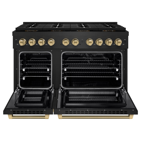 ZLINE Autograph Edition 48 in. 6.7 cu. ft. Paramount Dual Fuel Range with 8 Burner DuoPro™ Cooktop and Dual Ovens in Black Stainless Steel with Champagne Bronze Helix Handles and Accents (PSDRBZ-48-KCB)