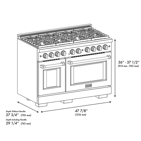 ZLINE Autograph Edition 48 in. 6.7 cu. ft. Paramount Dual Fuel Range with 8 Burner DuoPro™ Cooktop and Dual Ovens in Black Stainless Steel with Polished Gold Helix Handles and Accents (PSDRBZ-48-KG)