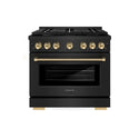 ZLINE Autograph Edition 36 in. 5.2 cu. ft. Paramount Gas Range with 6 Burner Cooktop and Convection Gas Oven in Black Stainless Steel with Polished Gold Helix Handle and Knob Accents (SGRBZ-36-KG)
